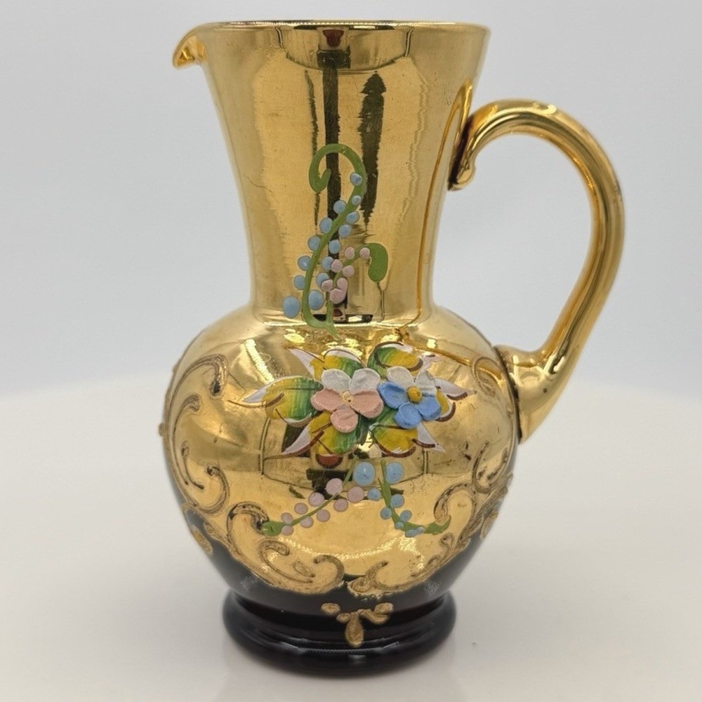 Vintage Murano Tre Fuochi Ruby Red Gold Miniature Pitcher Hand Painted 4" - Picture 9 of 11